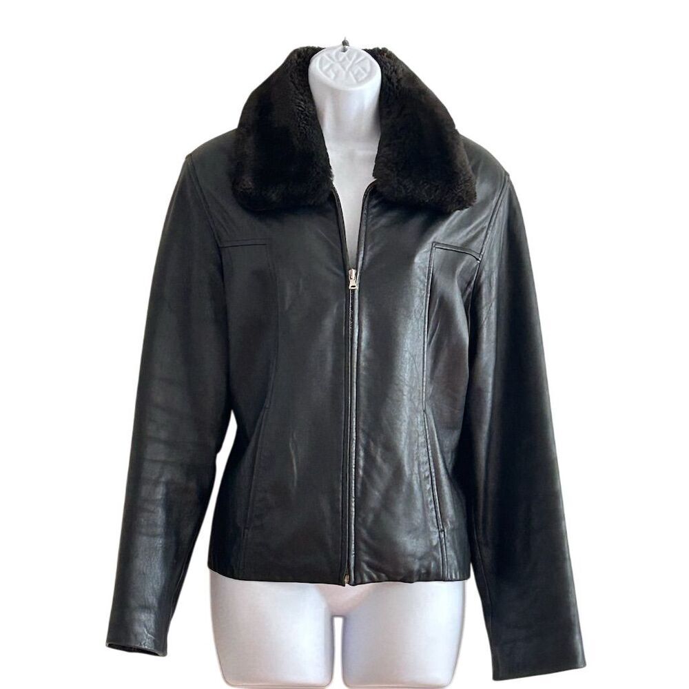 Anne Klein Women's Black Leather Jacket Faux Fur Collar Size M